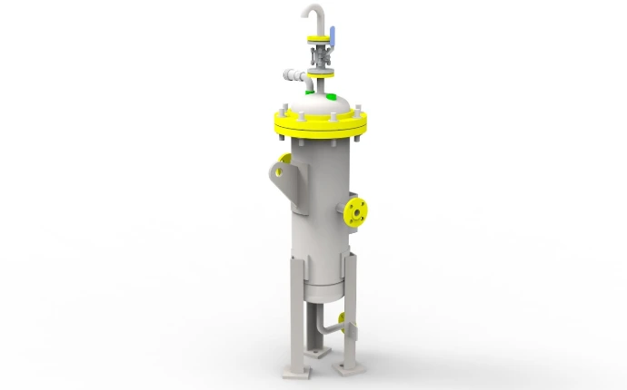 3D-Modell eines stehenden Druckbehälters mit Flanschdeckel und Stutzen – Behälterkonstruktion Lohmann Engineering